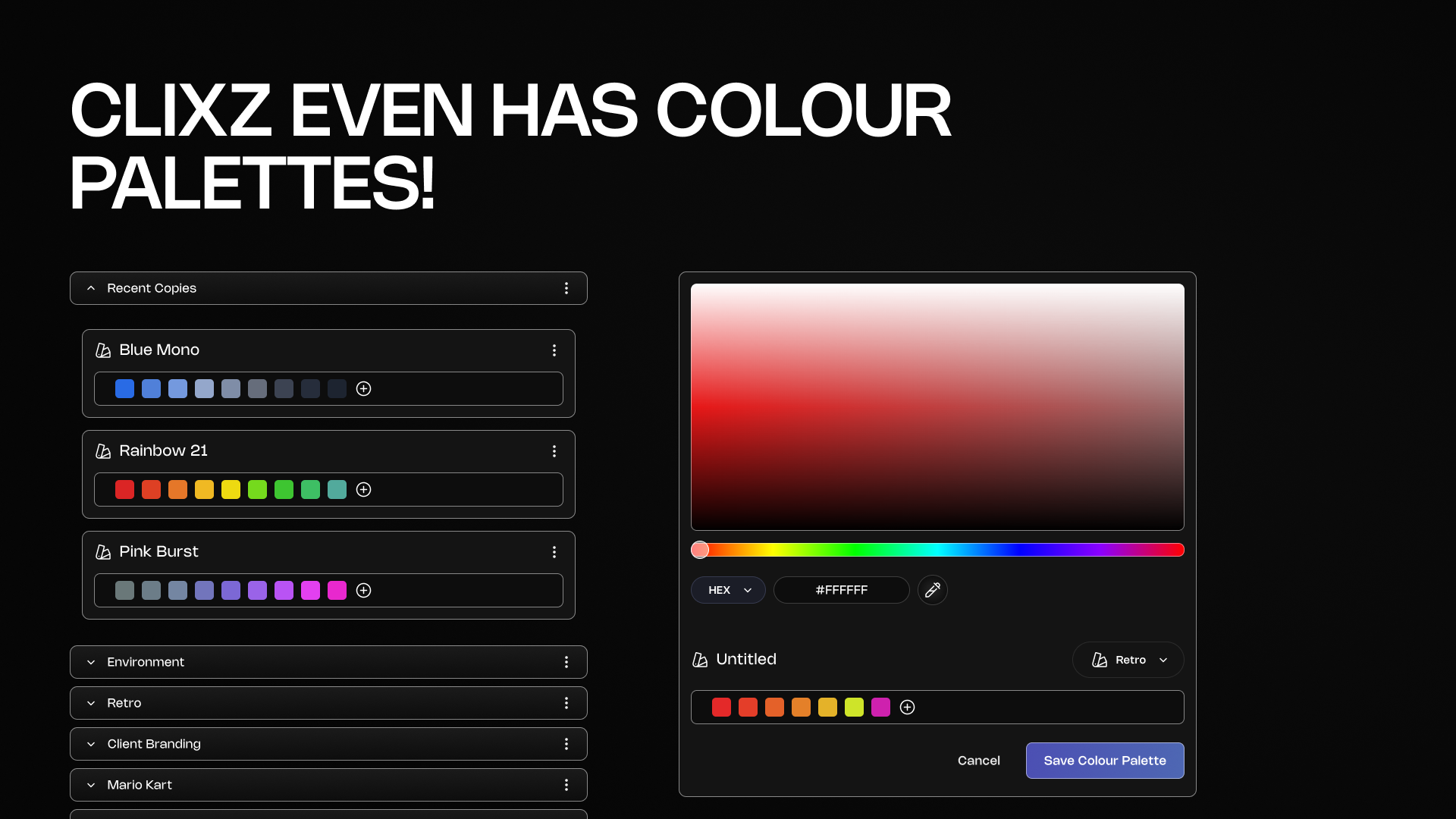 Colour palettes in Clixz